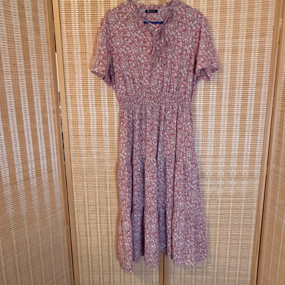 BTFBM Womens Ditsy Floral Smocked Waist Tiered Midi Dress Pink Blue XL